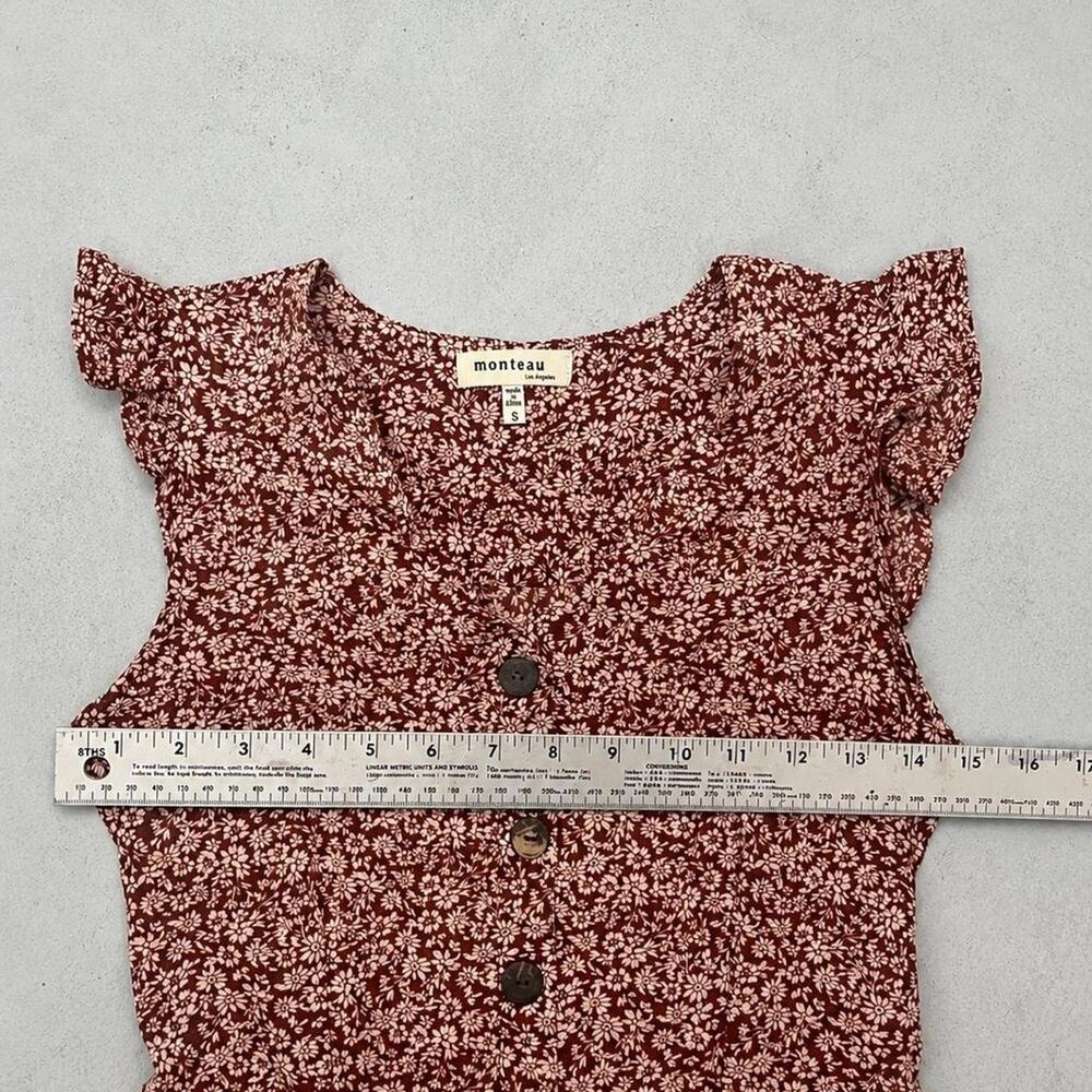 Monteau Brown Floral Mini Dress Flutter Sleeve Cottagecore Button Front Small - Picture 5 of 5